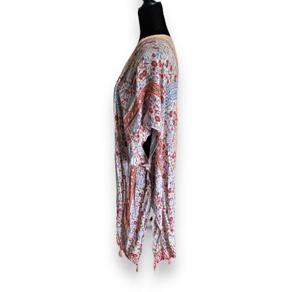 Lucky Brand Womens Kimono One Size Peach Multi Boho Print Beach Coverup Fringe - Picture 9 of 11